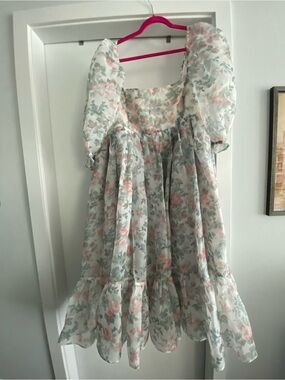 Selkie Floral Puff-Sleeve Midi Dress in Pale Pink and Sage